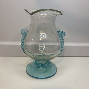 Vintage Hand blown Aqua Blue Glass Pedestal Vase With Applied Waves Handles